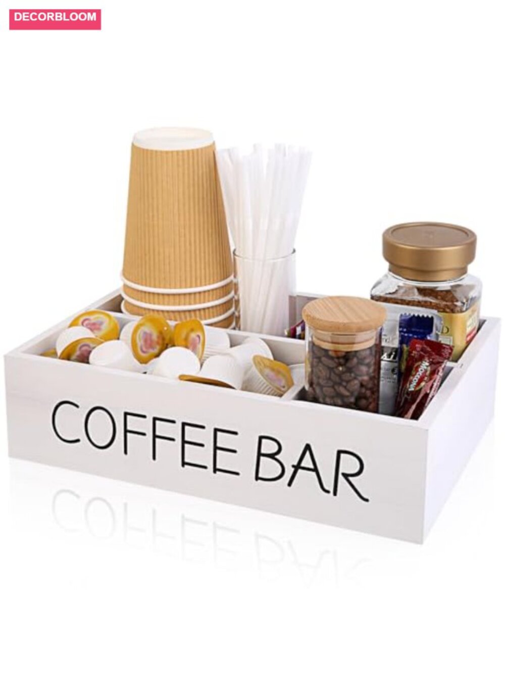 Wooden Coffee Bar Organizer with 4 Compartments, Removable Dividers, Condiment